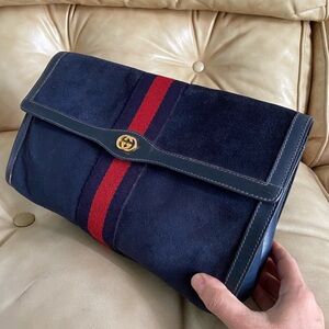 Oversized GUCCI Vintage Suede Clutch Bag Cosmetic/Toiletry/Travel Web Stripe